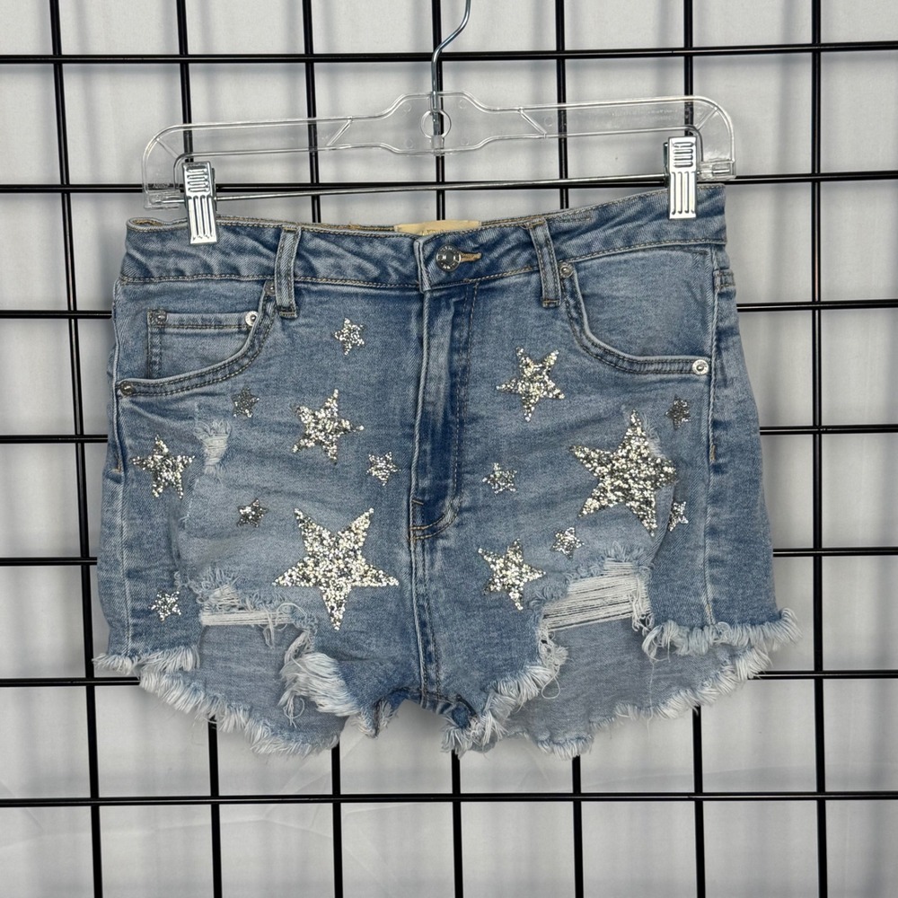 Judith March‎ Denim Shorts Womens Medium Blue Rhinestone Star Distressed Frayed